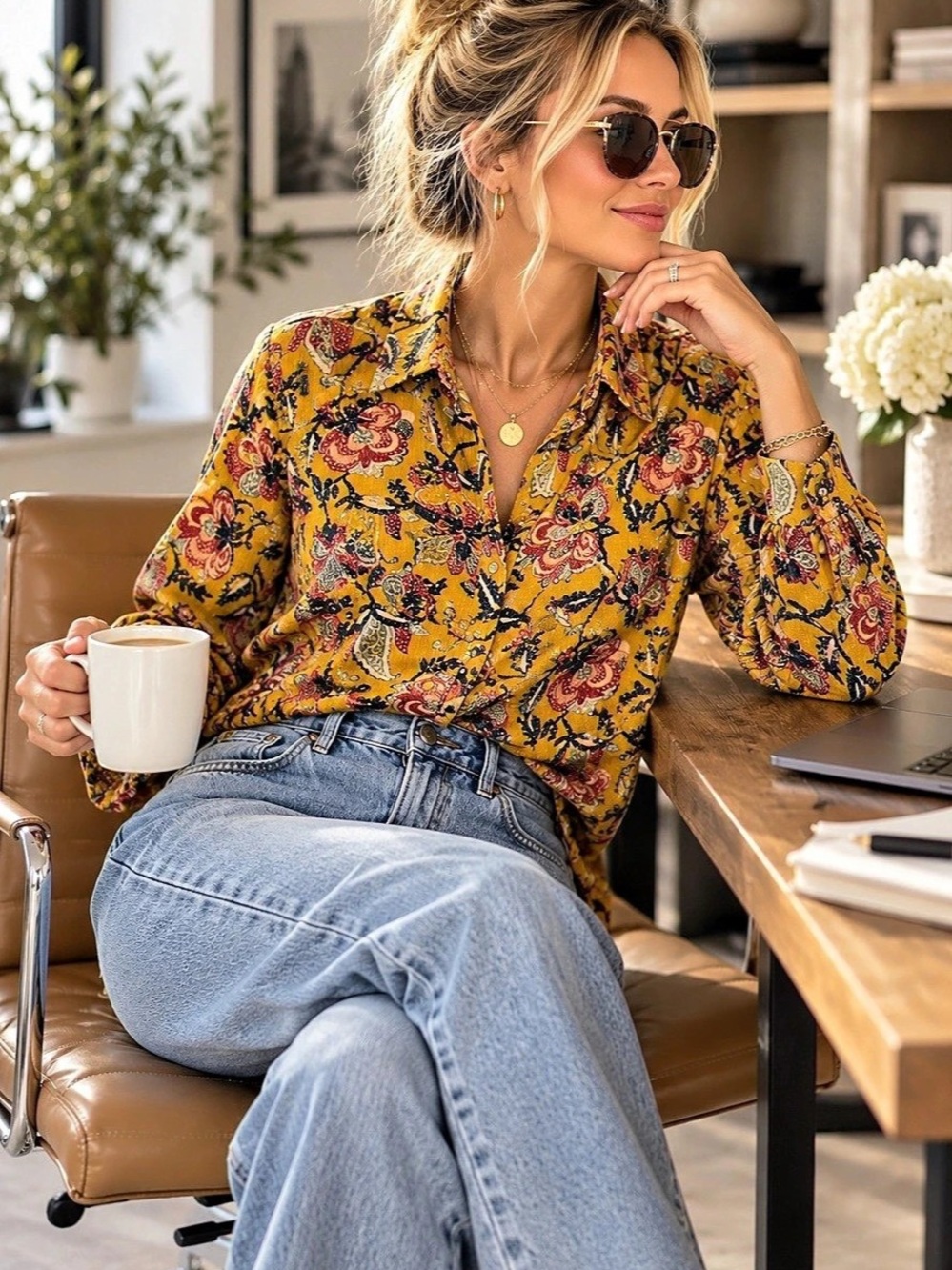 Anthropologie Floral Button Front Blouse in Yellow & Red Small Like New